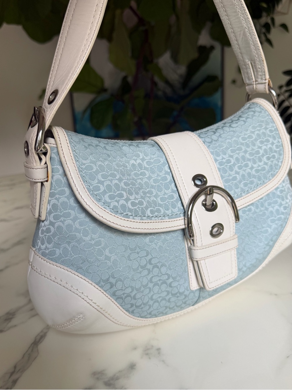 COACH Vintage Y2K Soho Mini Signature Medium Flap Shoulder Bag F109256 Sky Blue - Picture 14 of 16